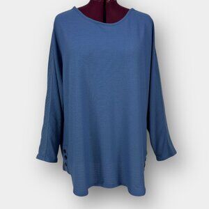 Lily Morgan Women's Crewneck Top 2X Blue Textured Long Sleeve Button